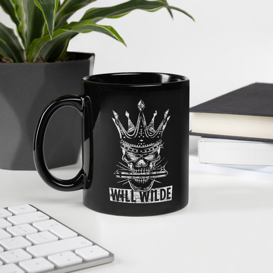 Black Glossy Mug with the Will Wilde Skull Harmonica Logo