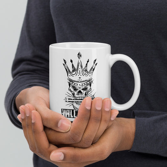 White glossy mug with the Will Wilde Skull Harmonica Logo